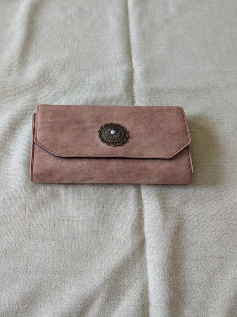 Boho Tan Faux Suede Envelope Wallet Vintage Concho Accent
